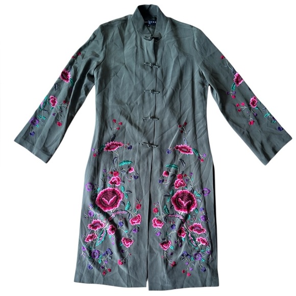 Sue Wong Size 6 Silk Kimono Jacket Olive Green Embroidered Floral Evening Coat - Picture 1 of 12